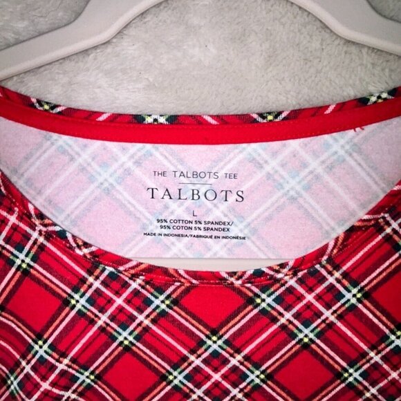The Talbots Tee Womens Large Red Tartan Plaid Cotton Stretch Long Sleeve Holiday - Picture 3 of 5